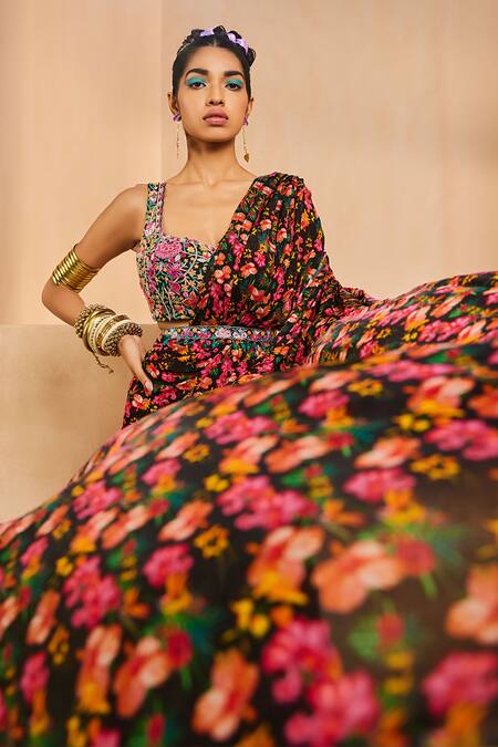 Shop_Aneesh Agarwaal_Black Chiffon, Silk Embroidery, Sequins, Floral Print Sharara Saree With Blouse _Online_at_Aza_Fashions