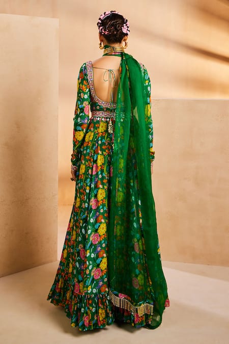 Shop Aneesh Agarwaal Green Organza Cut Work, Embroidery, Floral Hand Painted Anarkali With Dupatta at Aza Fashions Shop_Aneesh Agarwaal_Green Organza Cut Work, Embroidery, Floral Hand Painted Anarkali With Dupatta _at_Aza_Fashions