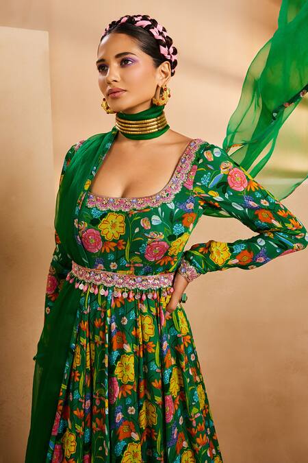 Buy Aneesh Agarwaal Green Organza Cut Work, Embroidery, Floral Hand Painted Anarkali With Dupatta Online at Aza Fashions Buy_Aneesh Agarwaal_Green Organza Cut Work, Embroidery, Floral Hand Painted Anarkali With Dupatta _Online_at_Aza_Fashions