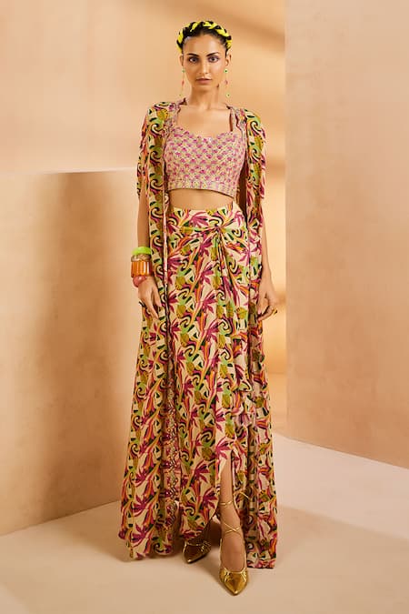 Aneesh Agarwaal Green Crepe Sequins, Embroidery Botanical Print Cape And Draped Skirt Set 