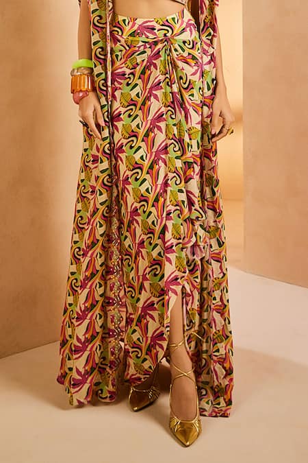 Aneesh Agarwaal Green Crepe Sequins, Embroidery Botanical Print Cape And Draped Skirt Set Online at Aza Fashions Aneesh Agarwaal_Green Crepe Sequins, Embroidery Botanical Print Cape And Draped Skirt Set _Online_at_Aza_Fashions