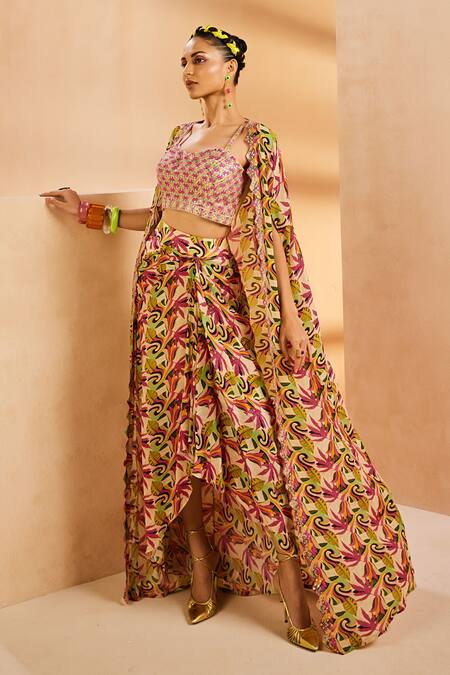 Buy Aneesh Agarwaal Green Crepe Sequins, Embroidery Botanical Print Cape And Draped Skirt Set Online at Aza Fashions Buy_Aneesh Agarwaal_Green Crepe Sequins, Embroidery Botanical Print Cape And Draped Skirt Set _Online_at_Aza_Fashions