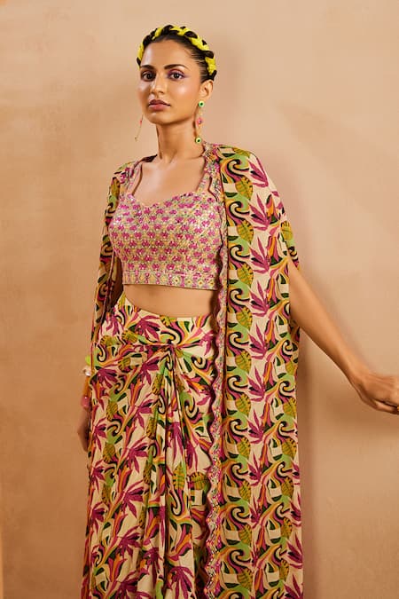 Shop Aneesh Agarwaal Green Crepe Sequins, Embroidery Botanical Print Cape And Draped Skirt Set Online at Aza Fashions Shop_Aneesh Agarwaal_Green Crepe Sequins, Embroidery Botanical Print Cape And Draped Skirt Set _Online_at_Aza_Fashions