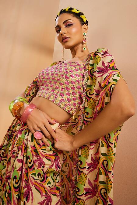 Aneesh Agarwaal Green Crepe Sequins, Embroidery Botanical Print Cape And Draped Skirt Set at Aza Fashions Aneesh Agarwaal_Green Crepe Sequins, Embroidery Botanical Print Cape And Draped Skirt Set _at_Aza_Fashions
