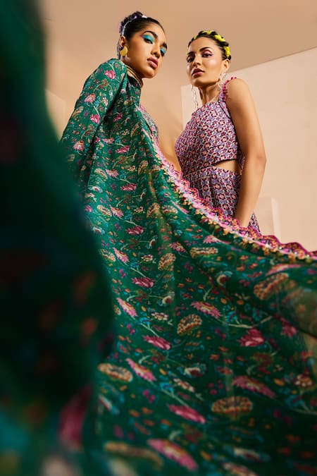 Buy_Aneesh Agarwaal_Green Chiffon Beads, Embroidery Sweetheart Neck, Chintz Print Jacket Skirt Set _Online_at_Aza_Fashions