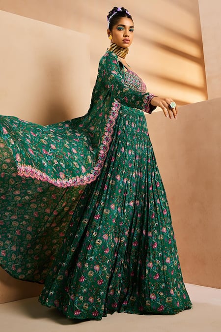 Shop_Aneesh Agarwaal_Green Chiffon Beads, Embroidery Sweetheart Neck, Chintz Print Jacket Skirt Set _Online_at_Aza_Fashions
