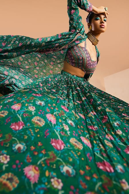 Aneesh Agarwaal_Green Chiffon Beads, Embroidery Sweetheart Neck, Chintz Print Jacket Skirt Set _at_Aza_Fashions