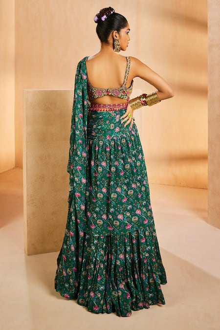 Shop Aneesh Agarwaal Green Chiffon Beads, Sequins Printed Pre-draped Lehenga Saree With Blouse at Aza Fashions Shop_Aneesh Agarwaal_Green Chiffon Beads, Sequins Printed Pre-draped Lehenga Saree With Blouse _at_Aza_Fashions
