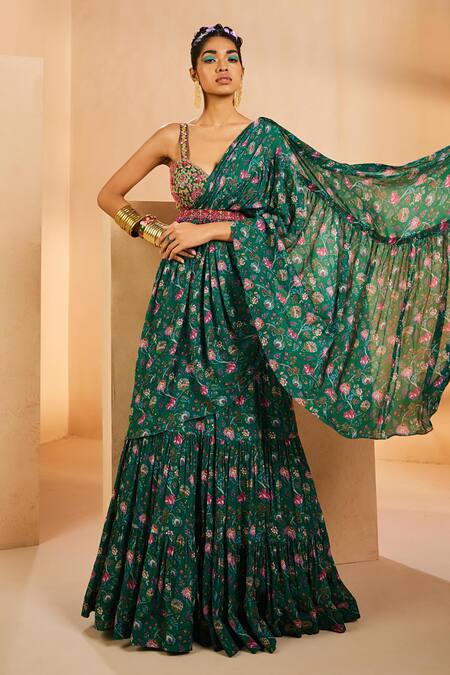Aneesh Agarwaal Green Chiffon Beads, Sequins Printed Pre-draped Lehenga Saree With Blouse Online at Aza Fashions Aneesh Agarwaal_Green Chiffon Beads, Sequins Printed Pre-draped Lehenga Saree With Blouse _Online_at_Aza_Fashions