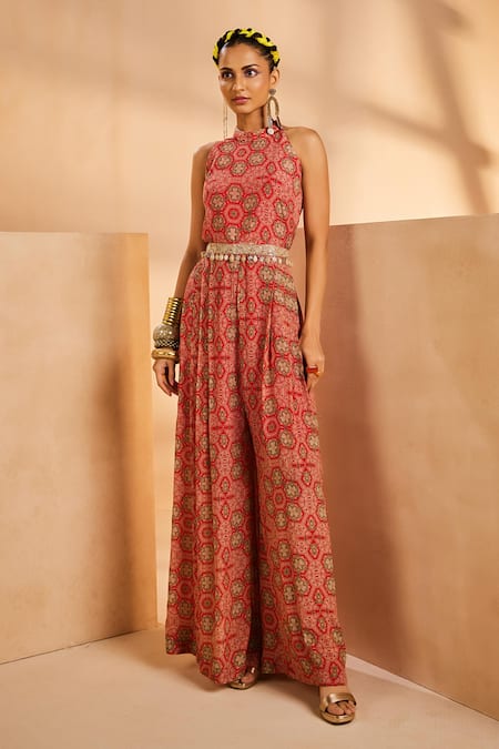 Aneesh Agarwaal Bohemian Hand Painted Jumpsuit With Belt 