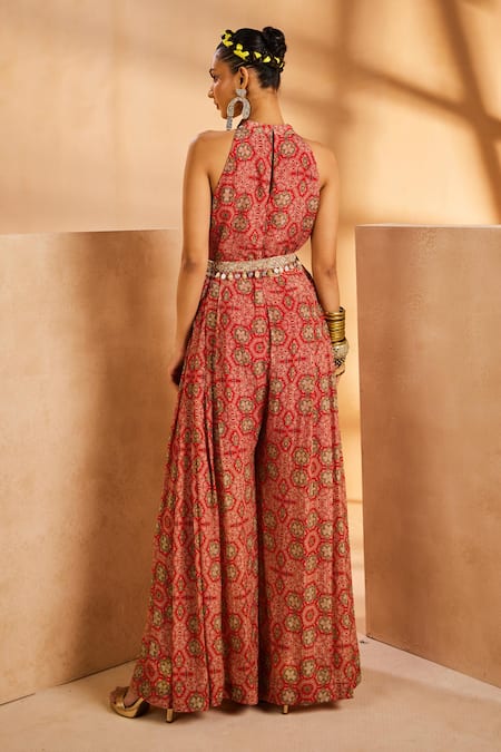 Shop Aneesh Agarwaal Red Chiffon Embroidery Halter Neck Bohemian Hand Painted Jumpsuit With Belt at Aza Fashions Shop_Aneesh Agarwaal_Red Chiffon Embroidery Halter Neck Bohemian Hand Painted Jumpsuit With Belt _at_Aza_Fashions