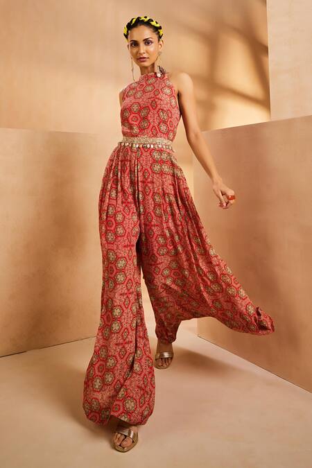 Aneesh Agarwaal Red Chiffon Embroidery Halter Neck Bohemian Hand Painted Jumpsuit With Belt Online at Aza Fashions Aneesh Agarwaal_Red Chiffon Embroidery Halter Neck Bohemian Hand Painted Jumpsuit With Belt _Online_at_Aza_Fashions