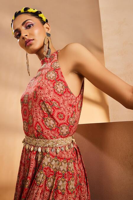 Shop Aneesh Agarwaal Red Chiffon Embroidery Halter Neck Bohemian Hand Painted Jumpsuit With Belt Online at Aza Fashions Shop_Aneesh Agarwaal_Red Chiffon Embroidery Halter Neck Bohemian Hand Painted Jumpsuit With Belt _Online_at_Aza_Fashions