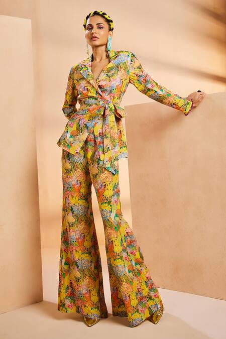 Aneesh Agarwaal_Yellow Chiffon Embroidery Garden Print Blazer And Flared Pant Set _Online_at_Aza_Fashions