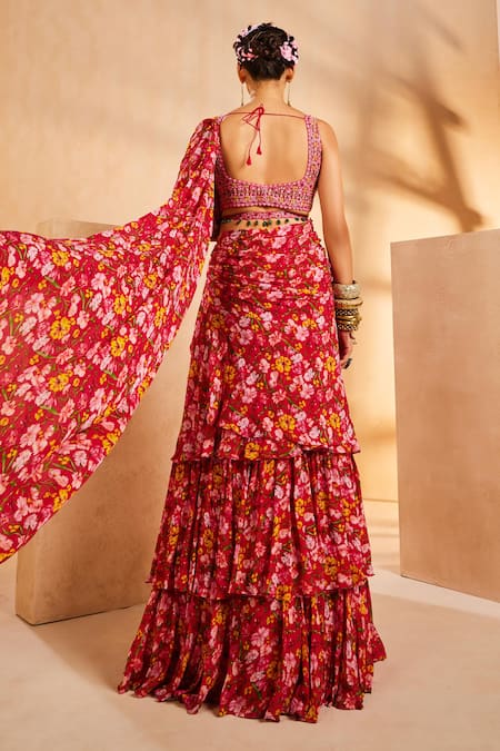 Aneesh Agarwaal Printed Lehenga Saree With Blouse 