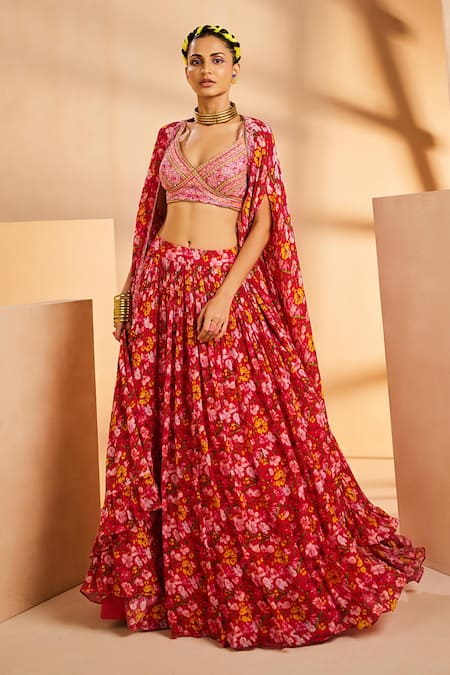 Aneesh Agarwaal Flower Print Cape Skirt Set 