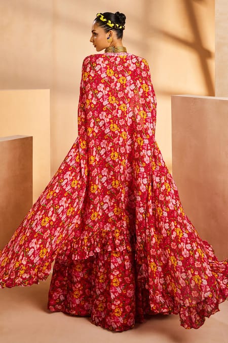 Shop_Aneesh Agarwaal_Magenta Chiffon Sequins, Beads, Cut Work V-neck Flower Print Cape Skirt Set _at_Aza_Fashions