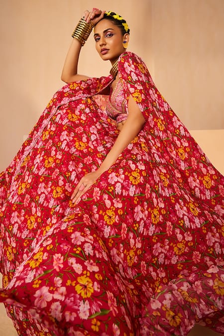 Aneesh Agarwaal_Magenta Chiffon Sequins, Beads, Cut Work V-neck Flower Print Cape Skirt Set _Online_at_Aza_Fashions