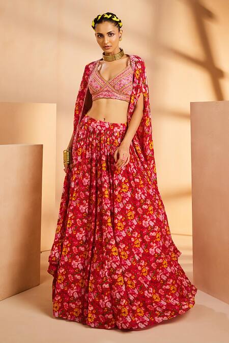 Buy_Aneesh Agarwaal_Magenta Chiffon Sequins, Beads, Cut Work V-neck Flower Print Cape Skirt Set _Online_at_Aza_Fashions