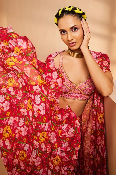 Shop_Aneesh Agarwaal_Magenta Chiffon Sequins, Beads, Cut Work V-neck Flower Print Cape Skirt Set _Online_at_Aza_Fashions