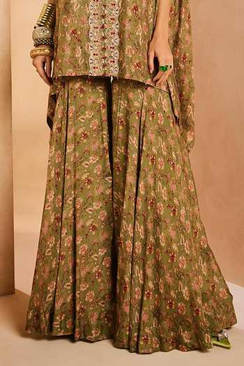 Aneesh Agarwaal Green Chiffon Sequins, Cut Work V-neck Vintage Floral Print Kaftan And Sharara Set Online at Aza Fashions Aneesh Agarwaal_Green Chiffon Sequins, Cut Work V-neck Vintage Floral Print Kaftan And Sharara Set _Online_at_Aza_Fashions