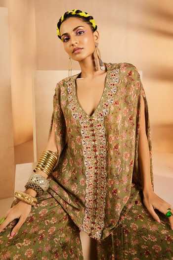 Buy Aneesh Agarwaal Green Chiffon Sequins, Cut Work V-neck Vintage Floral Print Kaftan And Sharara Set Online at Aza Fashions Buy_Aneesh Agarwaal_Green Chiffon Sequins, Cut Work V-neck Vintage Floral Print Kaftan And Sharara Set _Online_at_Aza_Fashions