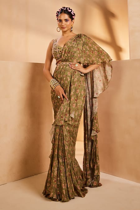 Aneesh Agarwaal Printed Pre-Draped Ruffle Saree With Blouse 