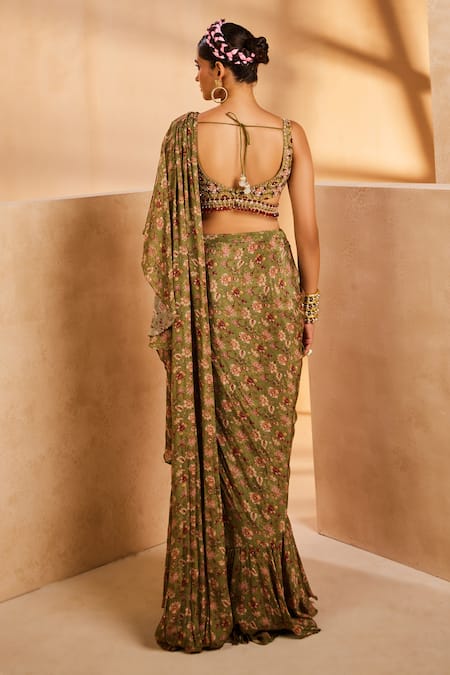 Shop Aneesh Agarwaal Green Chiffon Sequins, Beads Keyhole Printed Pre-draped Ruffle Saree With Blouse at Aza Fashions Shop_Aneesh Agarwaal_Green Chiffon Sequins, Beads Keyhole Printed Pre-draped Ruffle Saree With Blouse _at_Aza_Fashions