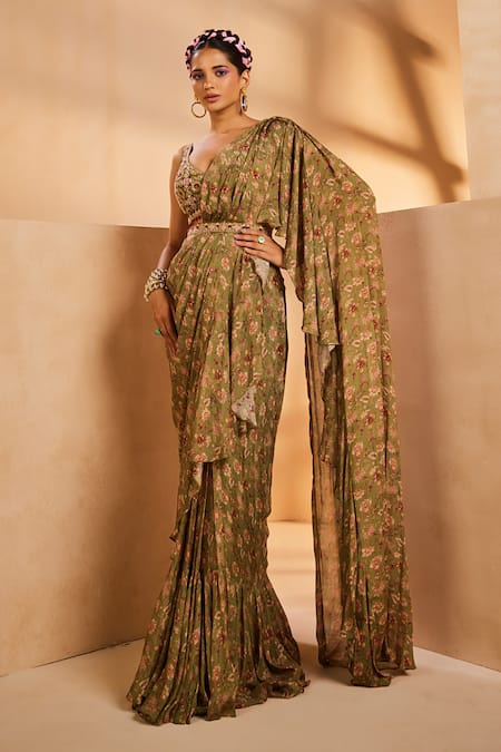 Aneesh Agarwaal Green Chiffon Sequins, Beads Keyhole Printed Pre-draped Ruffle Saree With Blouse Online at Aza Fashions Aneesh Agarwaal_Green Chiffon Sequins, Beads Keyhole Printed Pre-draped Ruffle Saree With Blouse _Online_at_Aza_Fashions