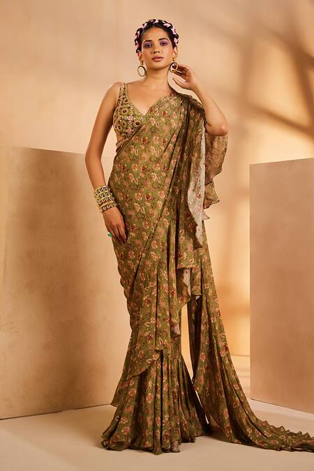 Shop Aneesh Agarwaal Green Chiffon Sequins, Beads Keyhole Printed Pre-draped Ruffle Saree With Blouse Online at Aza Fashions Shop_Aneesh Agarwaal_Green Chiffon Sequins, Beads Keyhole Printed Pre-draped Ruffle Saree With Blouse _Online_at_Aza_Fashions