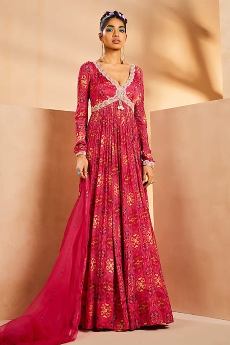 Aneesh Agarwaal Pink Organza Pearls, Cut Work Botanical Hand Painted Anarkali With Dupatta Online at Aza Fashions Aneesh Agarwaal_Pink Organza Pearls, Cut Work Botanical Hand Painted Anarkali With Dupatta _Online_at_Aza_Fashions