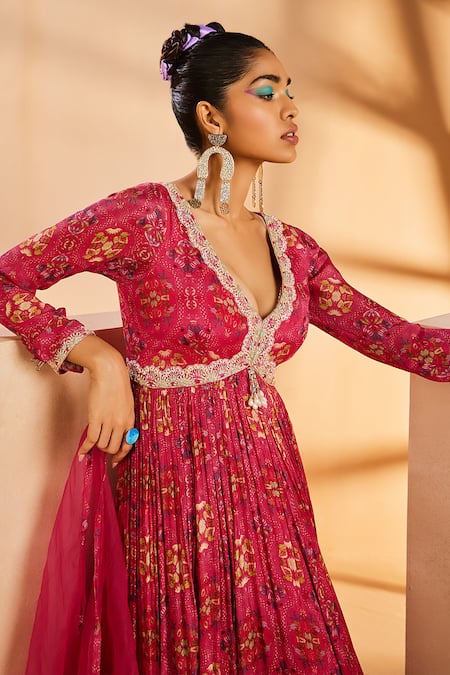 Aneesh Agarwaal Pink Organza Pearls, Cut Work Botanical Hand Painted Anarkali With Dupatta at Aza Fashions Aneesh Agarwaal_Pink Organza Pearls, Cut Work Botanical Hand Painted Anarkali With Dupatta _at_Aza_Fashions