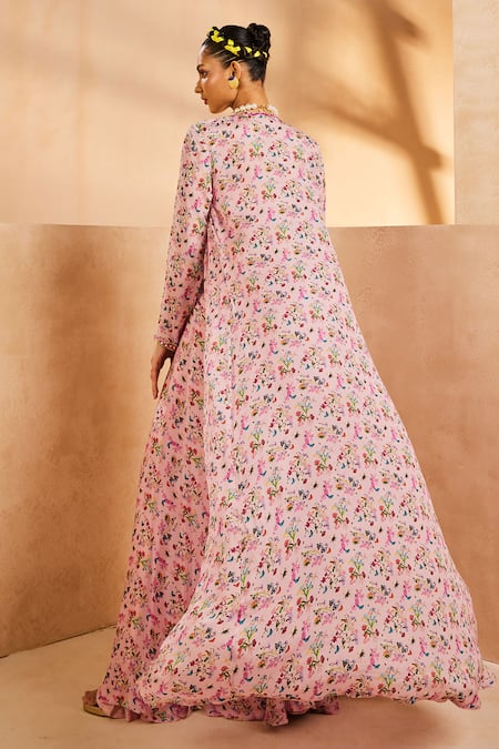 Shop Aneesh Agarwaal Pink Chiffon Embroidery, Mirrors Square Neck, Botanical Print Jacket Palazzo Set at Aza Fashions Shop_Aneesh Agarwaal_Pink Chiffon Embroidery, Mirrors Square Neck, Botanical Print Jacket Palazzo Set _at_Aza_Fashions