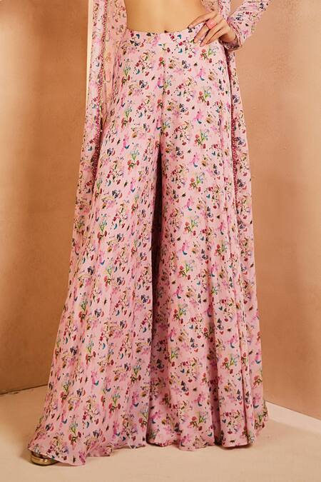 Aneesh Agarwaal Pink Chiffon Embroidery, Mirrors Square Neck, Botanical Print Jacket Palazzo Set Online at Aza Fashions Aneesh Agarwaal_Pink Chiffon Embroidery, Mirrors Square Neck, Botanical Print Jacket Palazzo Set _Online_at_Aza_Fashions