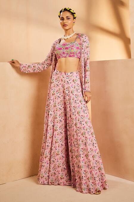 Buy Aneesh Agarwaal Pink Chiffon Embroidery, Mirrors Square Neck, Botanical Print Jacket Palazzo Set Online at Aza Fashions Buy_Aneesh Agarwaal_Pink Chiffon Embroidery, Mirrors Square Neck, Botanical Print Jacket Palazzo Set _Online_at_Aza_Fashions
