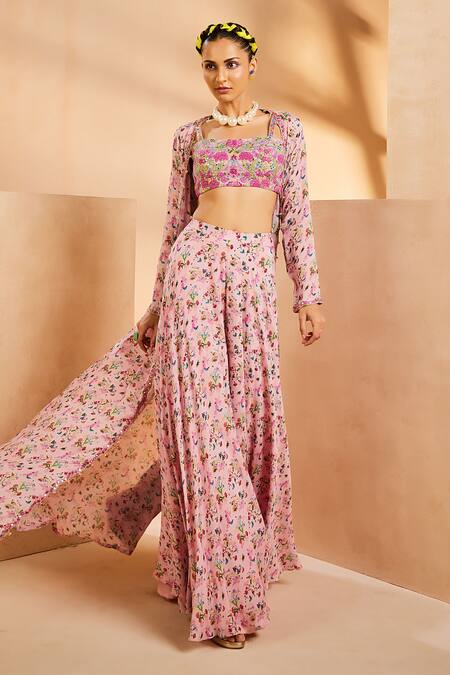 Shop Aneesh Agarwaal Pink Chiffon Embroidery, Mirrors Square Neck, Botanical Print Jacket Palazzo Set Online at Aza Fashions Shop_Aneesh Agarwaal_Pink Chiffon Embroidery, Mirrors Square Neck, Botanical Print Jacket Palazzo Set _Online_at_Aza_Fashions
