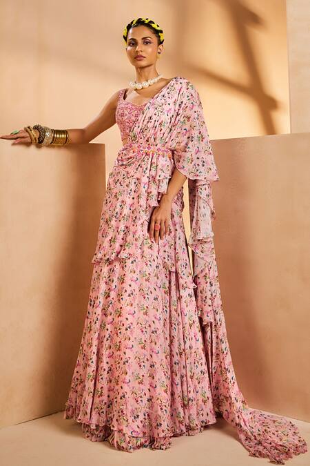 Aneesh Agarwaal_Pink Chiffon Beads, Cut Work, Stones Botanical Print Lehenga Saree With Blouse _Online_at_Aza_Fashions