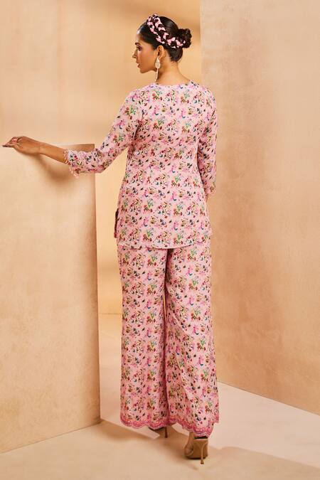Shop Aneesh Agarwaal Pink Chiffon Sequins, Beads, Botanical Print Straight Kurta And Palazzo Set at Aza Fashions Shop_Aneesh Agarwaal_Pink Chiffon Sequins, Beads, Botanical Print Straight Kurta And Palazzo Set _at_Aza_Fashions