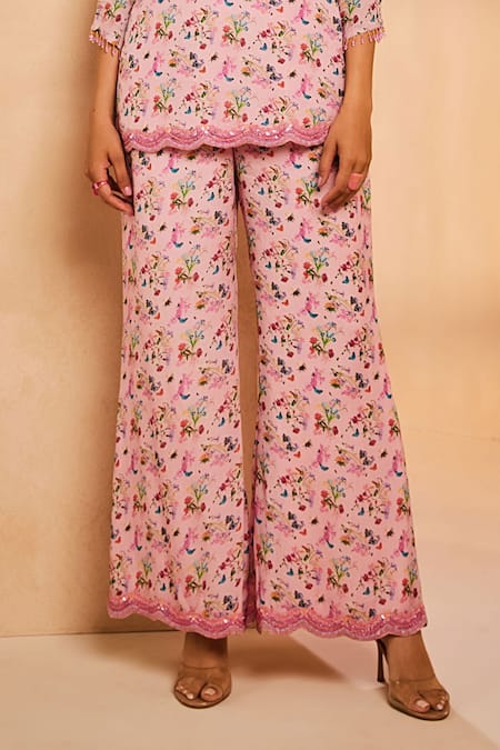 Aneesh Agarwaal Pink Chiffon Sequins, Beads, Botanical Print Straight Kurta And Palazzo Set Online at Aza Fashions Aneesh Agarwaal_Pink Chiffon Sequins, Beads, Botanical Print Straight Kurta And Palazzo Set _Online_at_Aza_Fashions