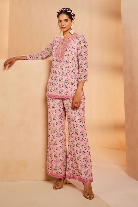 Buy Aneesh Agarwaal Pink Chiffon Sequins, Beads, Botanical Print Straight Kurta And Palazzo Set Online at Aza Fashions Buy_Aneesh Agarwaal_Pink Chiffon Sequins, Beads, Botanical Print Straight Kurta And Palazzo Set _Online_at_Aza_Fashions