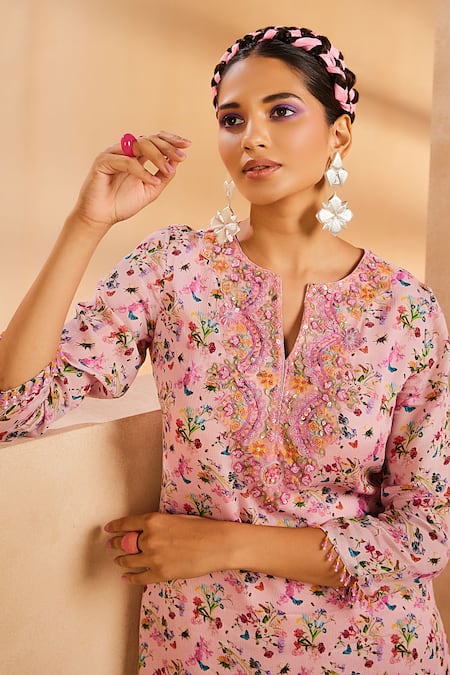 Shop Aneesh Agarwaal Pink Chiffon Sequins, Beads, Botanical Print Straight Kurta And Palazzo Set Online at Aza Fashions Shop_Aneesh Agarwaal_Pink Chiffon Sequins, Beads, Botanical Print Straight Kurta And Palazzo Set _Online_at_Aza_Fashions