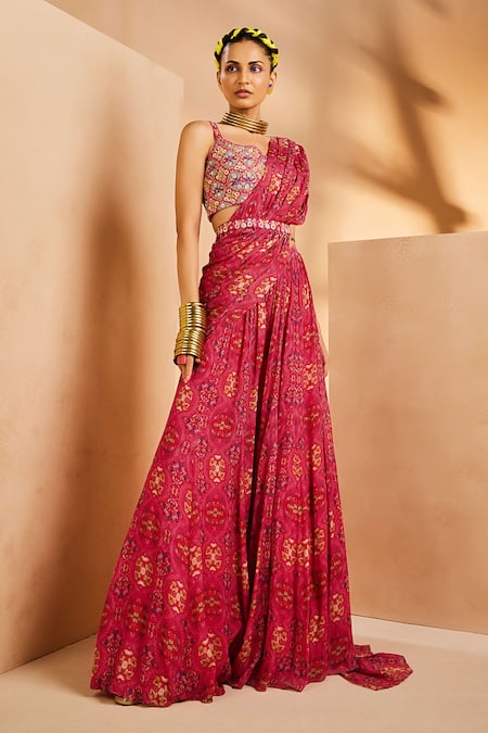Aneesh Agarwaal Pink Chiffon Beads, Sequins Hand Painted Pre-stitched Sharara Saree With Blouse Online at Aza Fashions Aneesh Agarwaal_Pink Chiffon Beads, Sequins Hand Painted Pre-stitched Sharara Saree With Blouse _Online_at_Aza_Fashions