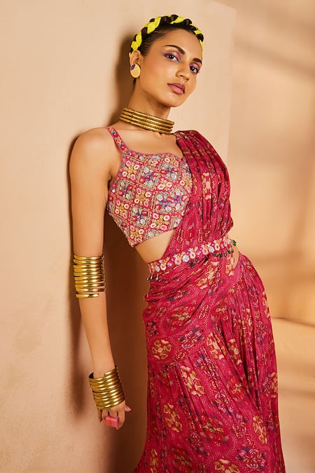 Buy Aneesh Agarwaal Pink Chiffon Beads, Sequins Hand Painted Pre-stitched Sharara Saree With Blouse Online at Aza Fashions Buy_Aneesh Agarwaal_Pink Chiffon Beads, Sequins Hand Painted Pre-stitched Sharara Saree With Blouse _Online_at_Aza_Fashions