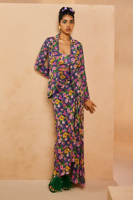 Aneesh Agarwaal Ditsy Floral Print Blazer & Dhoti Skirt Set 