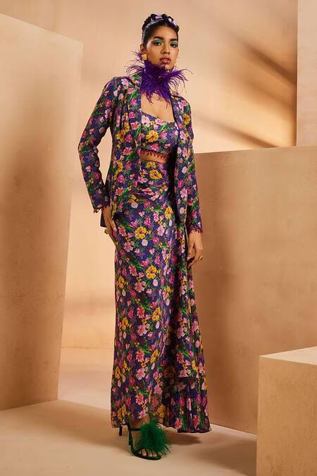 Aneesh Agarwaal Purple Crepe Beads Square Neck Ditsy Floral Print Blazer And Dhoti Skirt Set Online at Aza Fashions Aneesh Agarwaal_Purple Crepe Beads Square Neck Ditsy Floral Print Blazer And Dhoti Skirt Set _Online_at_Aza_Fashions