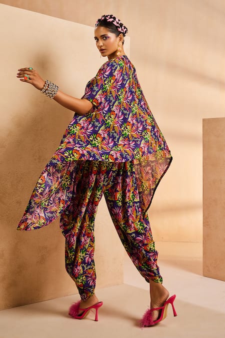 Shop Aneesh Agarwaal Purple Chiffon Mirrors, Stones, Embroidery Printed Dhoti Jumpsuit With Cape at Aza Fashions Shop_Aneesh Agarwaal_Purple Chiffon Mirrors, Stones, Embroidery Printed Dhoti Jumpsuit With Cape _at_Aza_Fashions