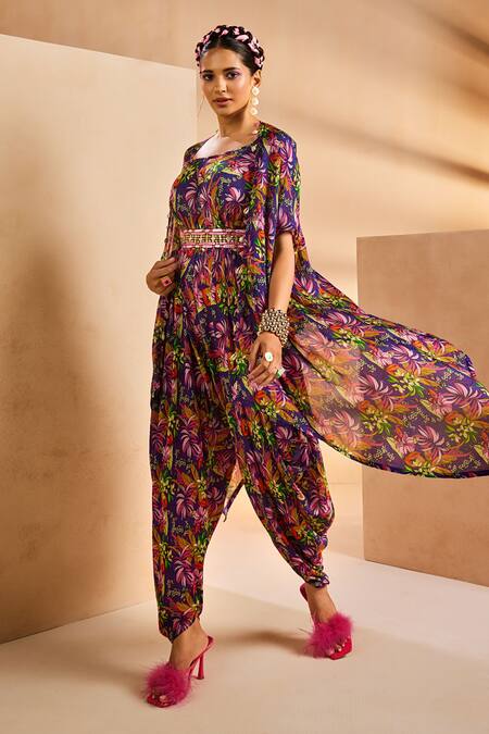 Aneesh Agarwaal Purple Chiffon Mirrors, Stones, Embroidery Printed Dhoti Jumpsuit With Cape Online at Aza Fashions Aneesh Agarwaal_Purple Chiffon Mirrors, Stones, Embroidery Printed Dhoti Jumpsuit With Cape _Online_at_Aza_Fashions