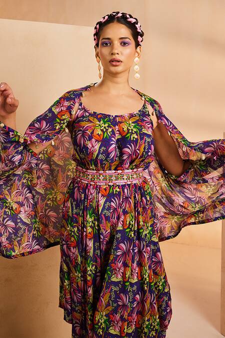 Shop Aneesh Agarwaal Purple Chiffon Mirrors, Stones, Embroidery Printed Dhoti Jumpsuit With Cape Online at Aza Fashions Shop_Aneesh Agarwaal_Purple Chiffon Mirrors, Stones, Embroidery Printed Dhoti Jumpsuit With Cape _Online_at_Aza_Fashions