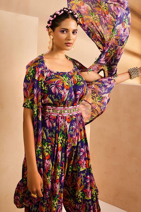 Aneesh Agarwaal Purple Chiffon Mirrors, Stones, Embroidery Printed Dhoti Jumpsuit With Cape at Aza Fashions Aneesh Agarwaal_Purple Chiffon Mirrors, Stones, Embroidery Printed Dhoti Jumpsuit With Cape _at_Aza_Fashions