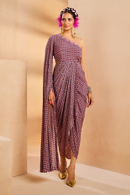 Aneesh Agarwaal Purple Crepe Sequins, Embroidery One Shoulder Ikkat Print Draped Dhoti Dress 